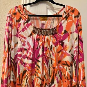 Ruby Rd. Pink Orange Abstract Beaded-Neck Tunic Top